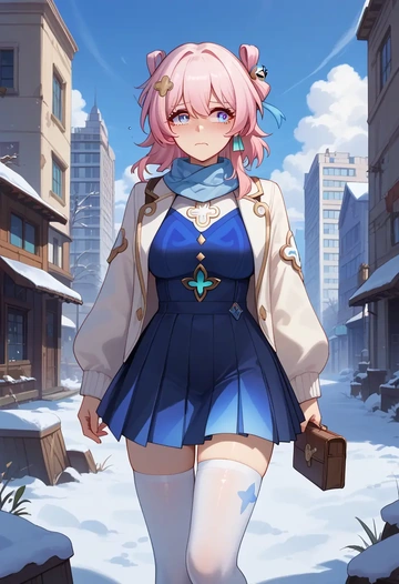 star rail,march 7th,winter,student uniform,puffer jacket  - AI generated anime art